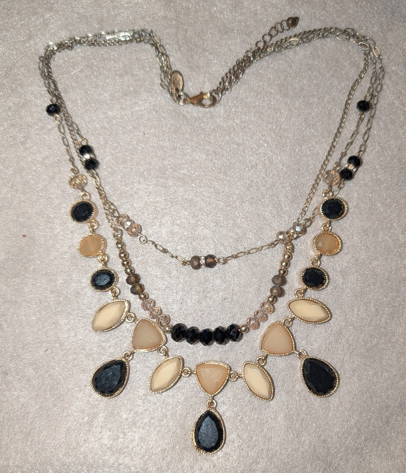 Gold Tone Layered Multi-Strand Beaded Necklace Black Ivory Teardrop Drops