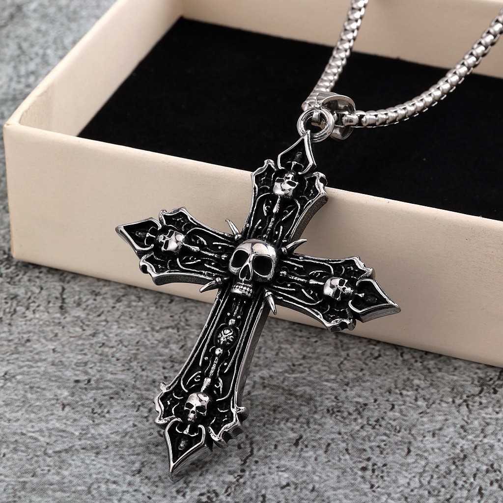 Retro Men Stainless Steel Pendant Gothic Biker Punk Skull Cross Pendant Necklace