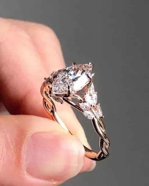 2.00CT Marquise Cut Real Moissanite Engagement Wedding Ring 14K Rose Gold Plated