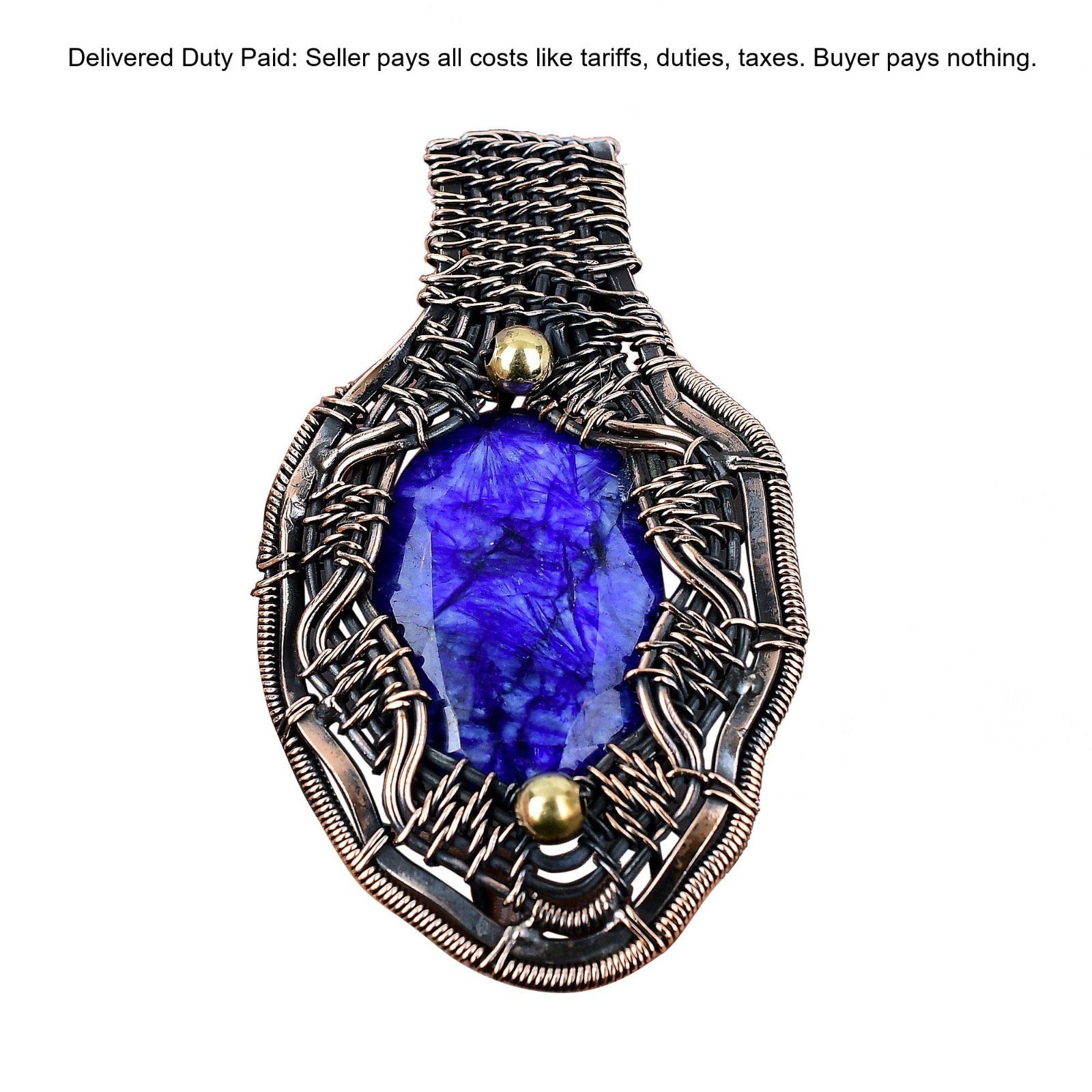 Oval Blue Saphire Gemstone Wedding Wire Wrapped Wife Boho Pendant Jewelry Copper