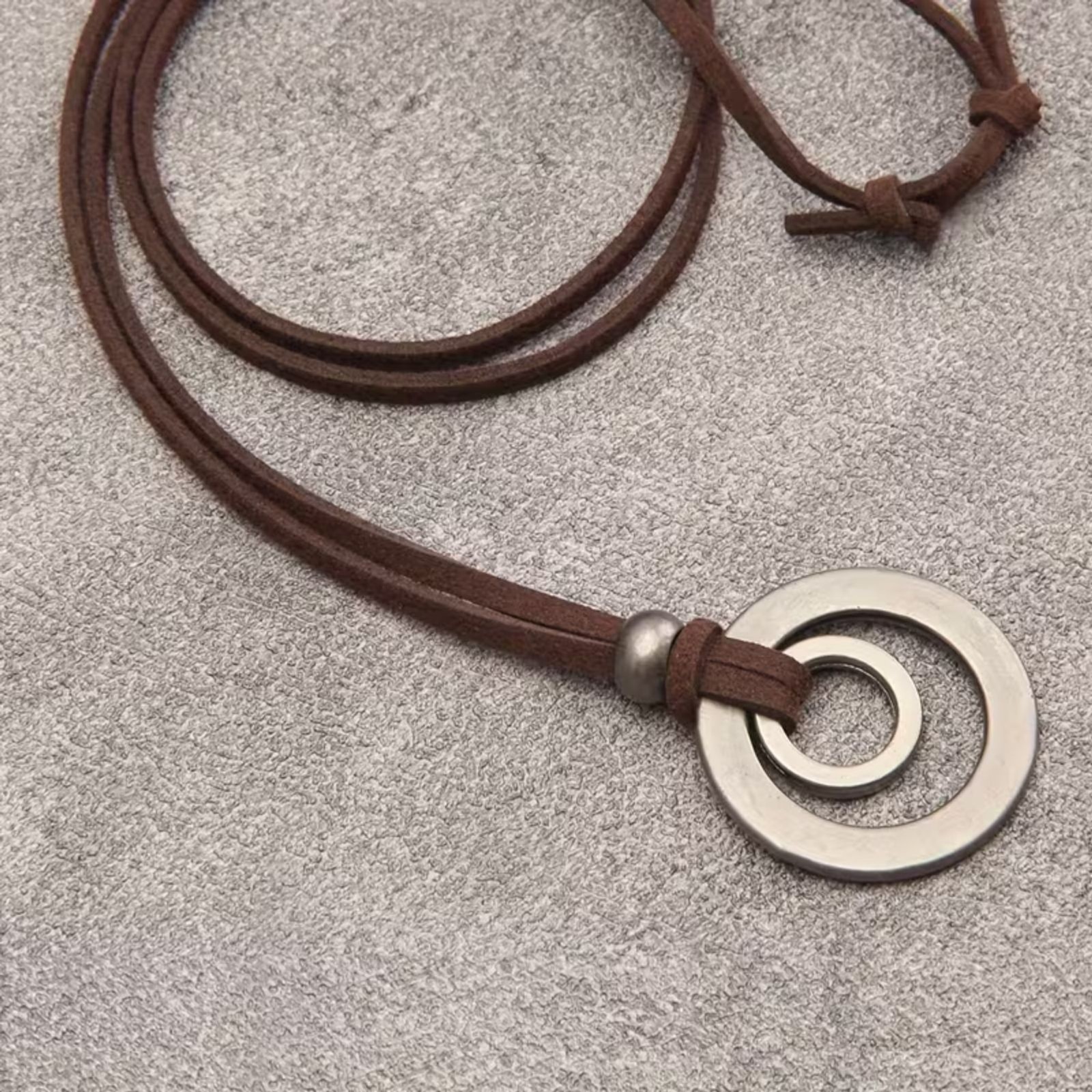 Chunky Double Ring Alloy Pendant Necklace Circle Charm Adjustble Cord Boho Retro