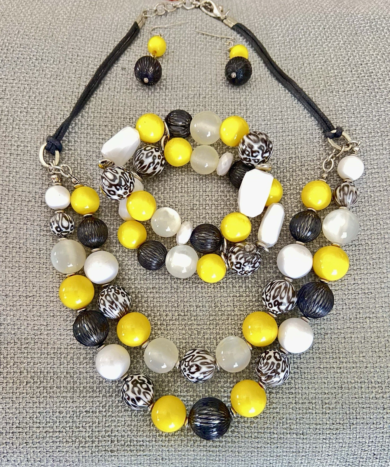 Yellow, Black, White & Gray beaded Necklace and Matching Bracelet And Earrings