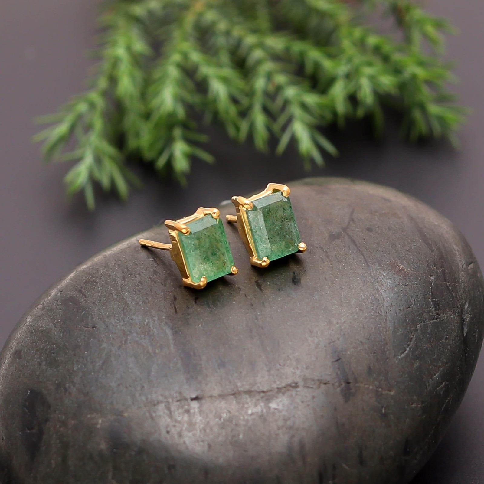 Natural Green Strawberry Octagon Stud Earrings Gold Plated Solid Silver Jewelry