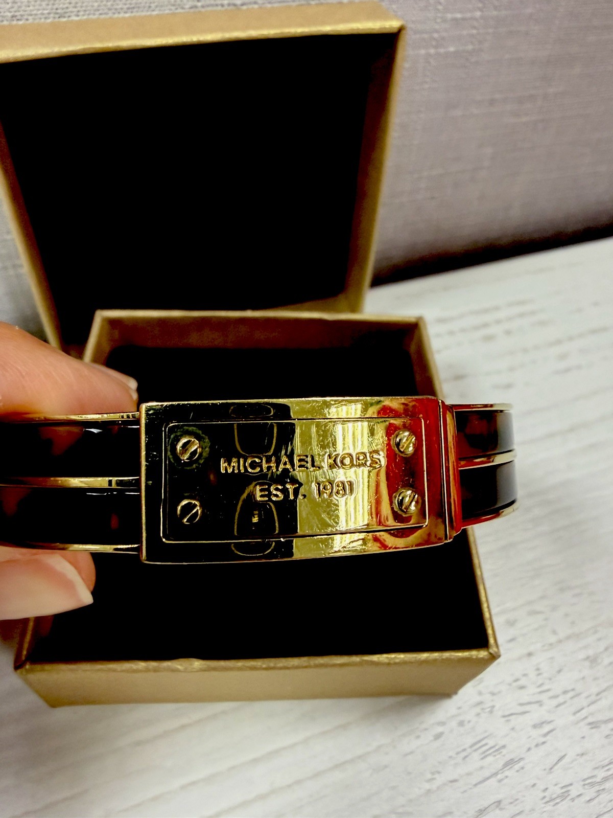 Michael Kors Gold Tone Hinged Bangle Cuff Bracelet, Push Lock, Signed