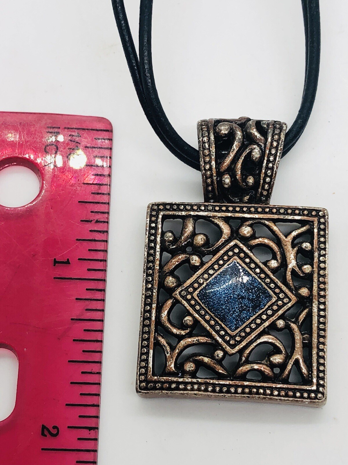 VJ square bronzetone pendant filigree faux leather cord necklace