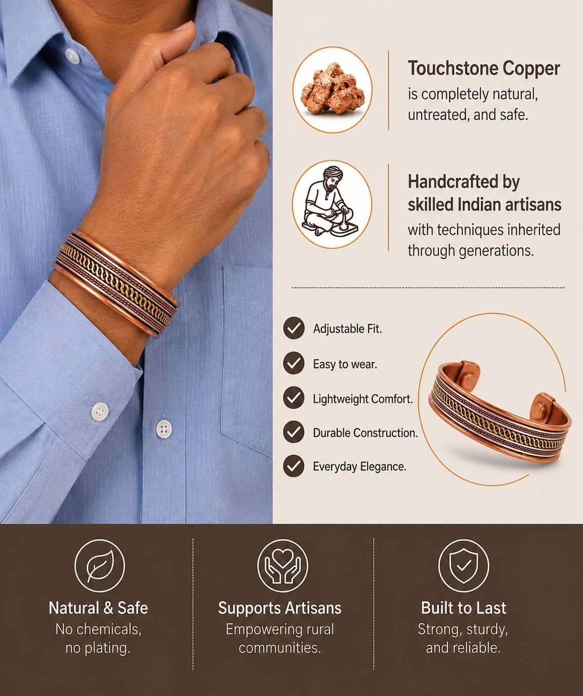 Adjustable Copper Magnetic Bracelet Set | Handmade Rope Braided Bangles | Gift f