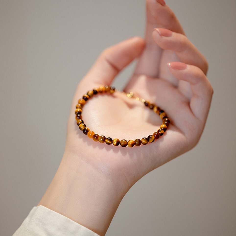 Natural 4mm Tiger’s Eye Stone Dainty Bracelet Brown Gemstone Minimalist Bracelet