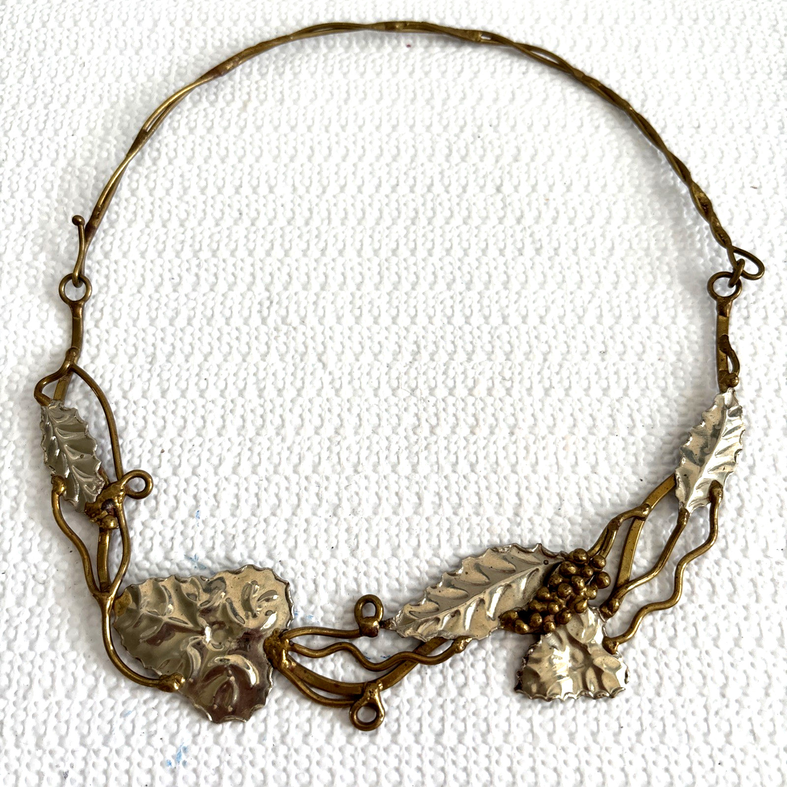 Two Tone Artisan Collar Necklace Gold Silver Color Leaf Grape Bunch Boho