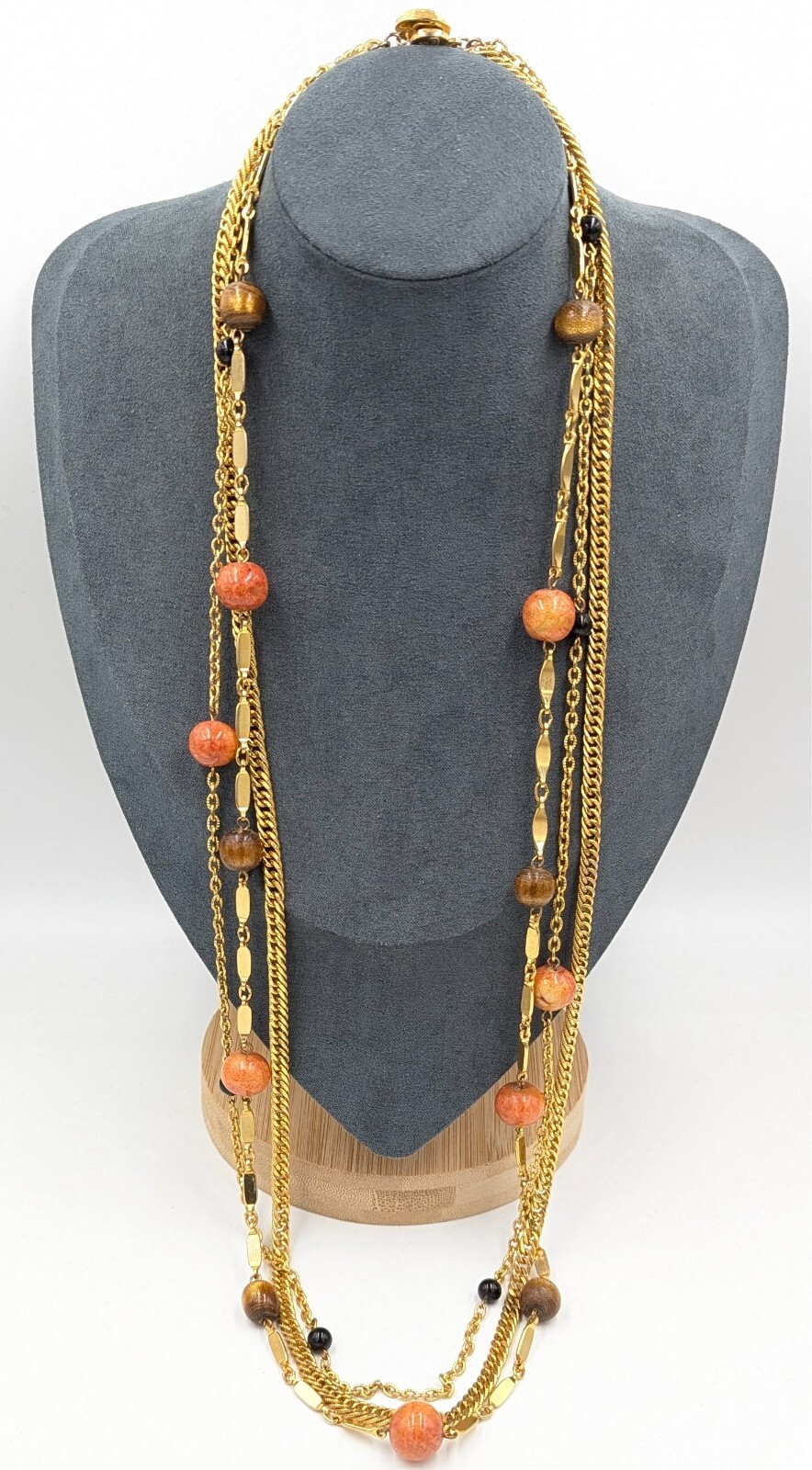 Vintage Les Bernard Necklace Gold Tone Triple Strand Snap Closure 28 Inch Orange