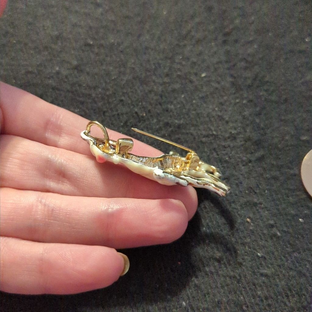 Gold Tone White Brown Enamel Goat Sheep Statement Brooch