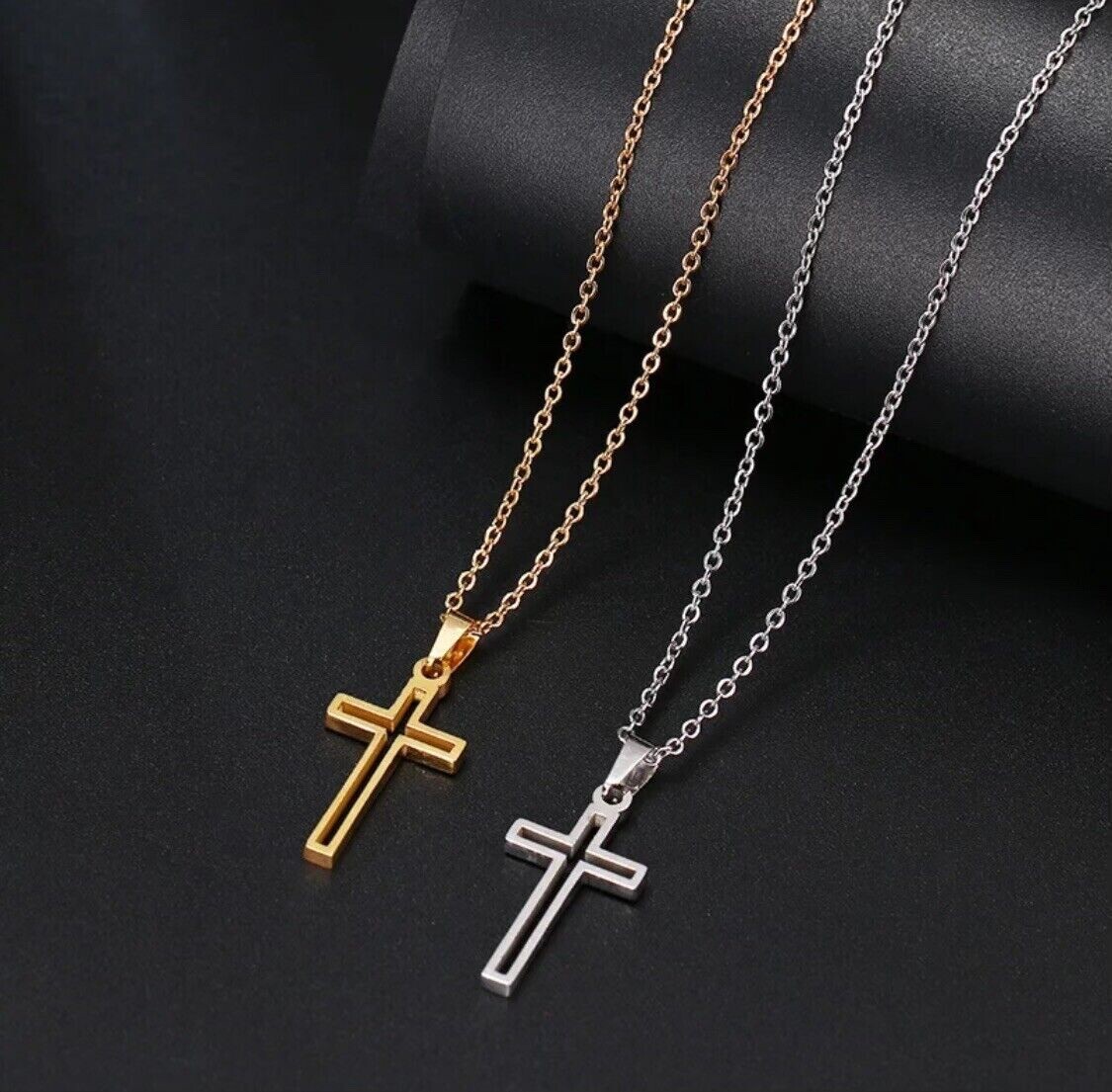 Stainless Steel Hollow Cross Pendant Silver And Gold Necklace Unisex
