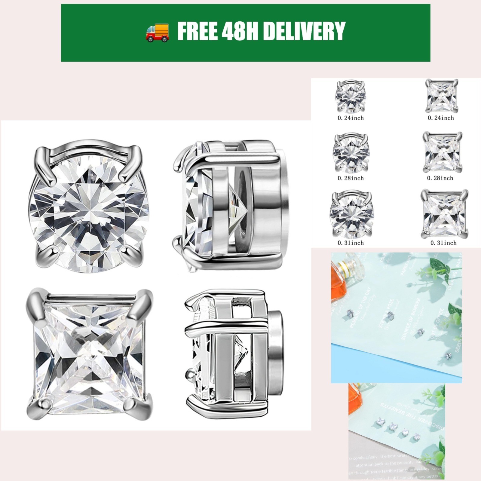 Magnetic Stud Earrings 2 Pairs Stainless Steel Non-Piercing CZ Unisex