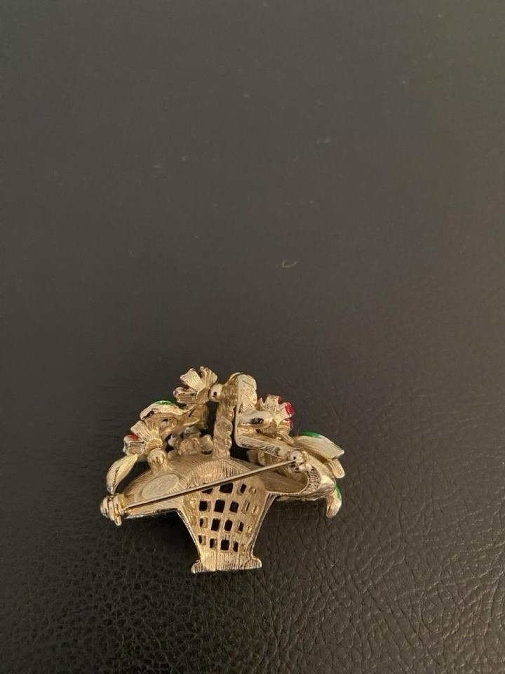 St. Labre Signed Enamel Metal Flower Basket Brooch Pin Gold Multicolor 1.5in