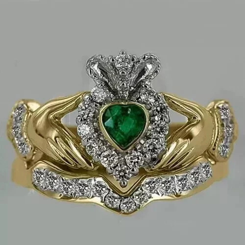 Real Moissanite 2Ct Round Cut Claddagh Engagement Ring 14K Yellow Gold Plated