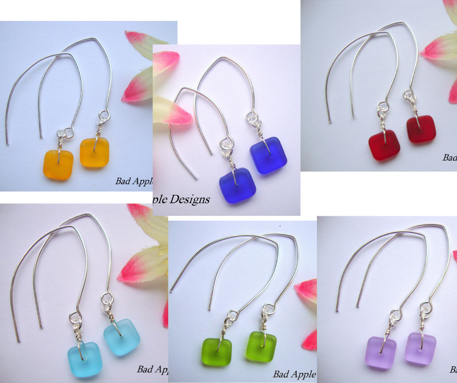 Flat, Forward-Facing, Dainty Frosted Sea Glass Silver Marquise Style Earrings