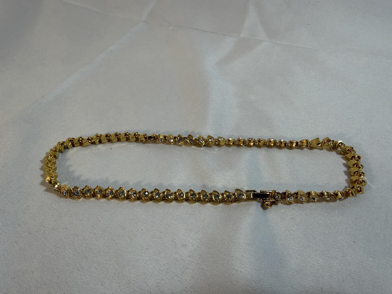Gold Tone Crystal Tennis Necklace Marquise Link Box Clasp 18”