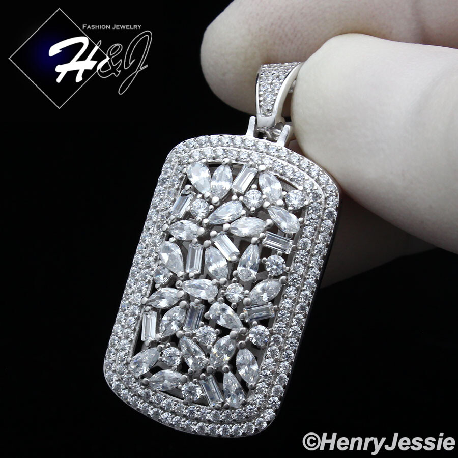 MEN WOMEN SOLID 925 STERLING SILVER ICY BAGUETTE CZ DOG TAG CHARM PENDANT*SP251