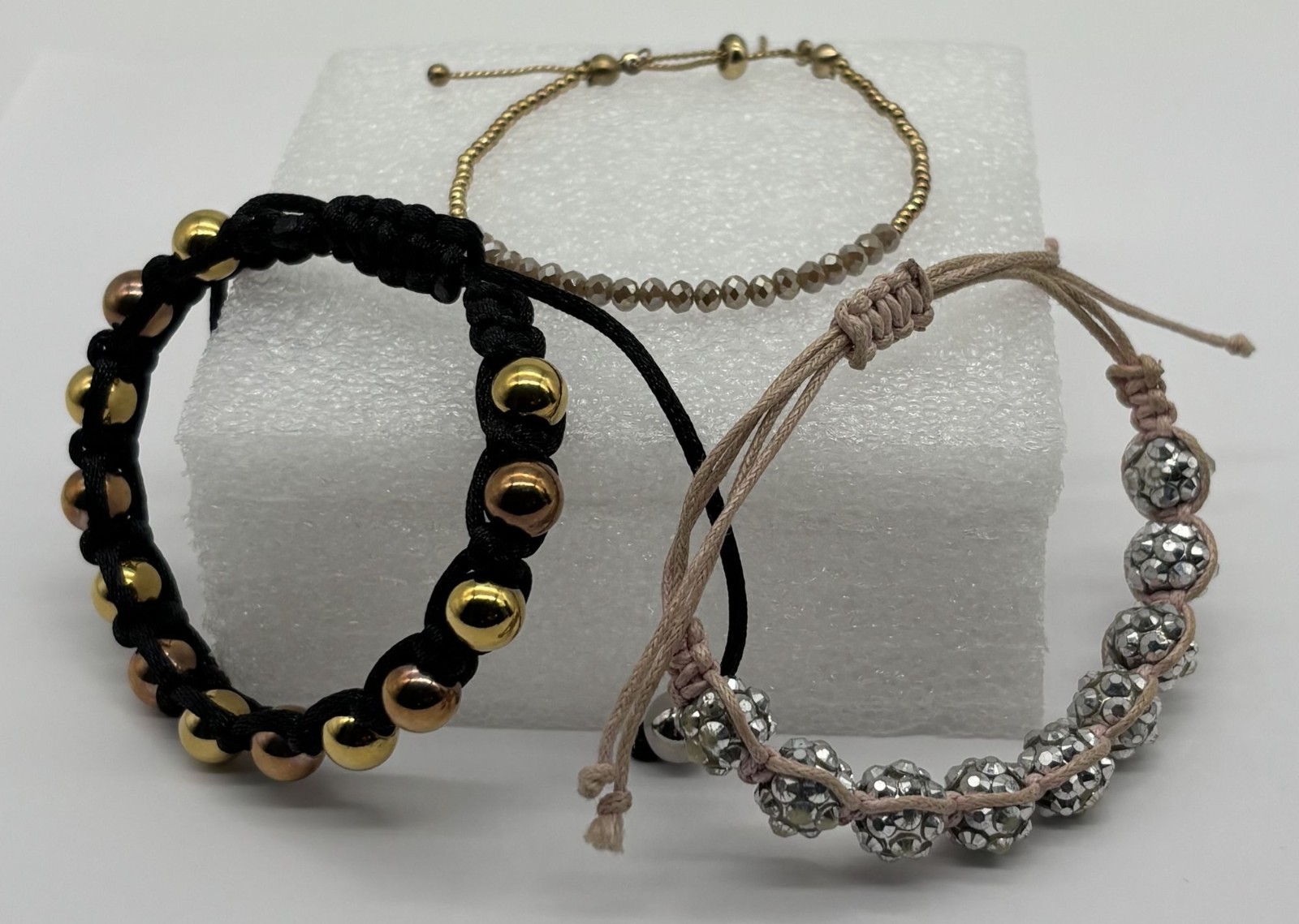 Lot of Three Bracelets Shamballa Slider Macrame Bolo-Style Adjustable Not Signed