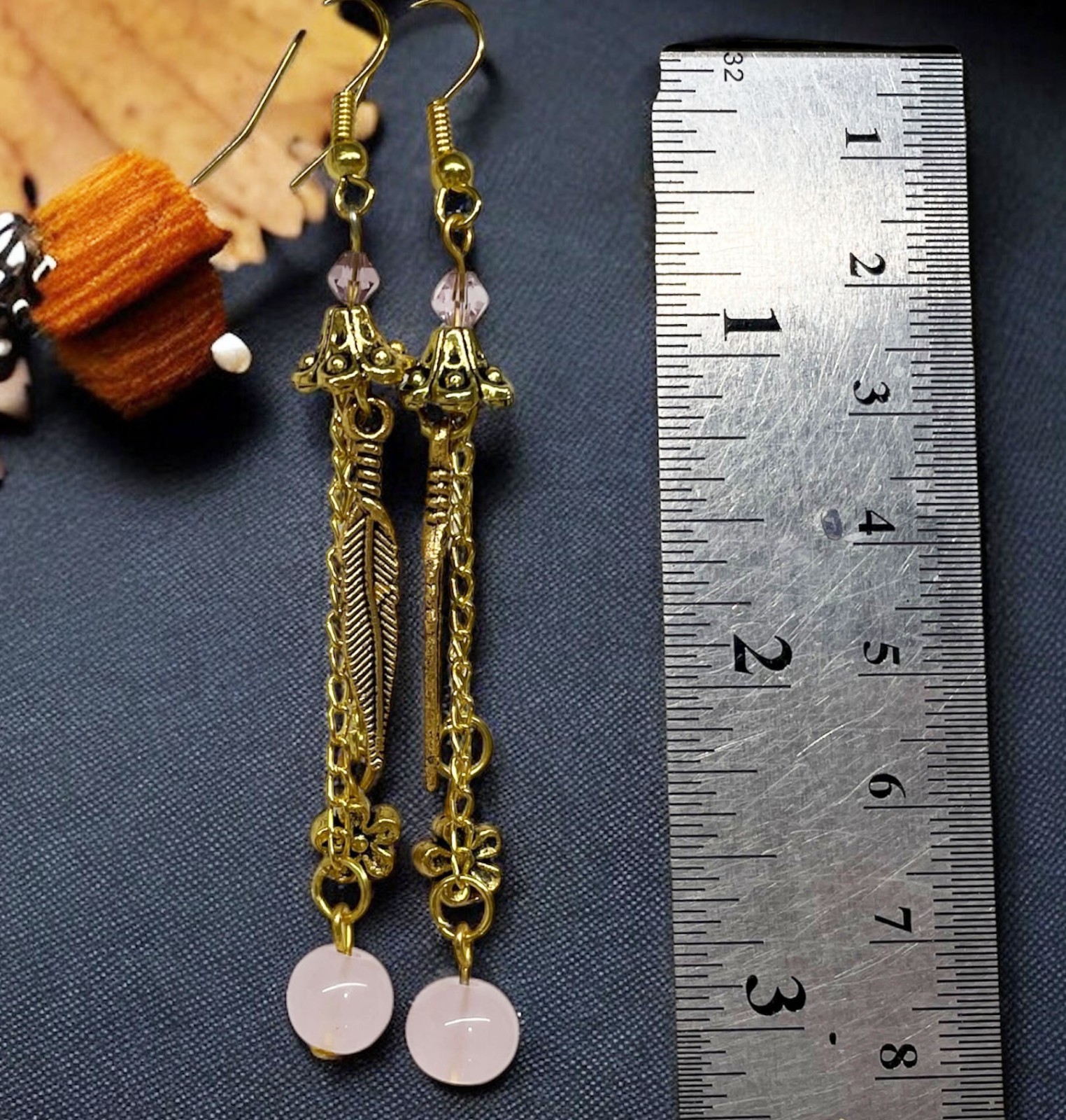 Rose Quartz with Charms Brass Color Earrings Handmade Dangle Jewelry