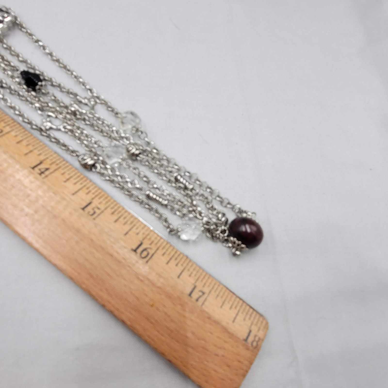 Wood Bead Layered Chain Necklace Silver Plated Filigree 34″ adj