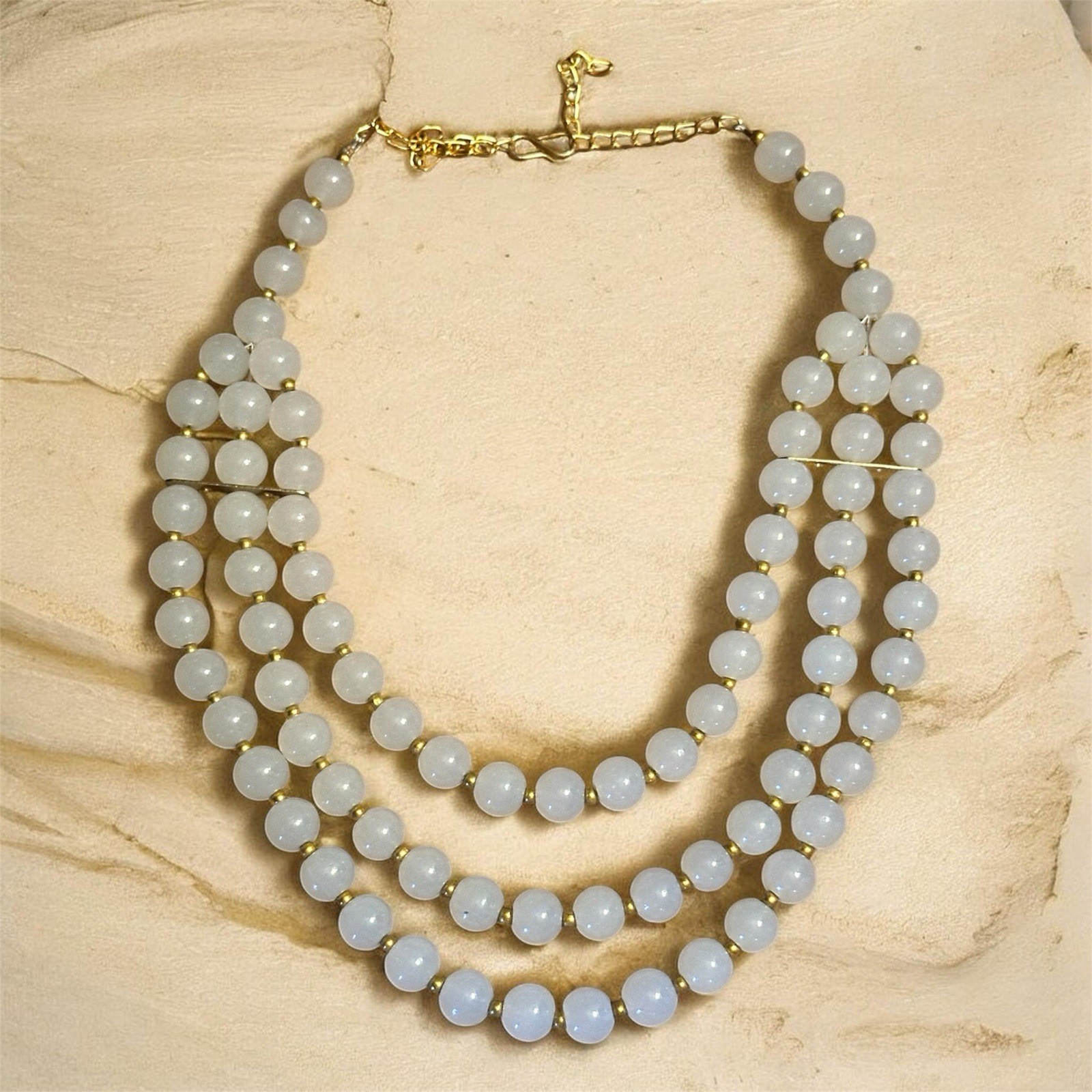 Triple Strand Light Blue Beaded Necklace Opalite Moonstone Style Gold Tone