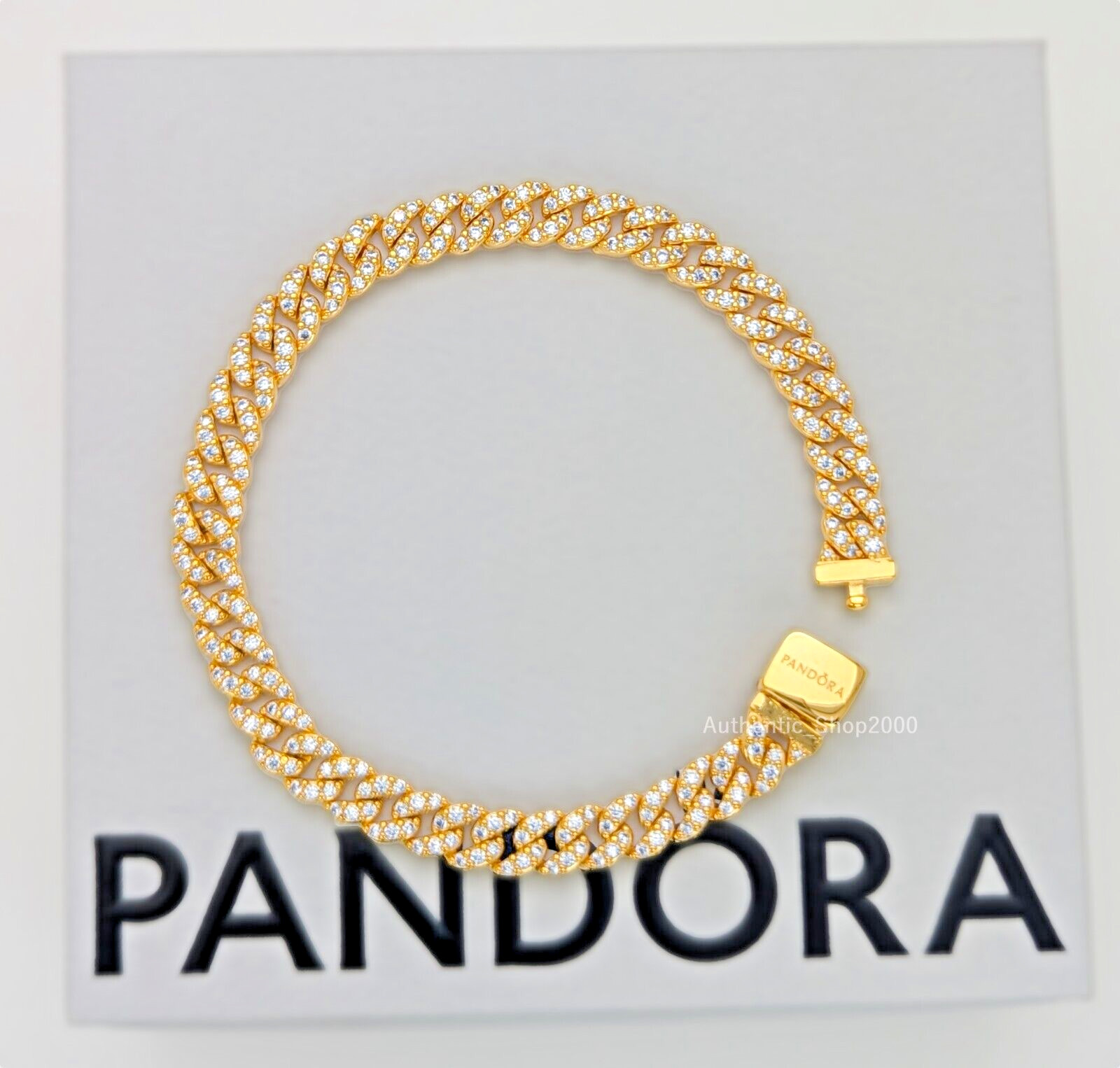 New 100% Authentic PANDORA 14K Gold Timeless Pavé Cuban Chain Bracelet 563008C01