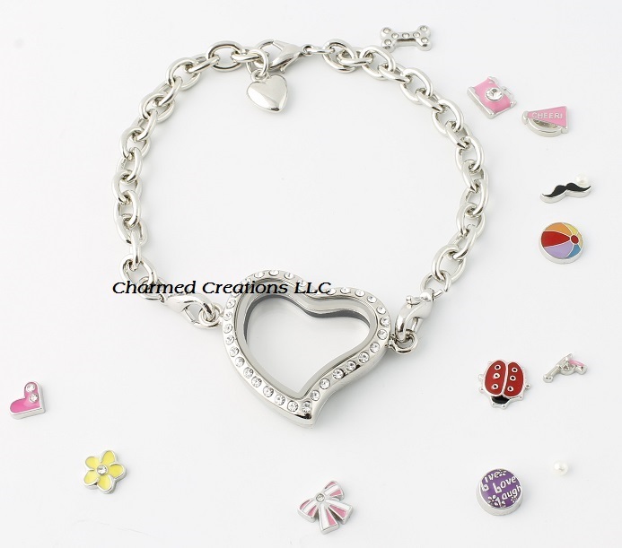 Floating Charm Glass Memory Locket Bracelet Crystal Heart With Security Clasp