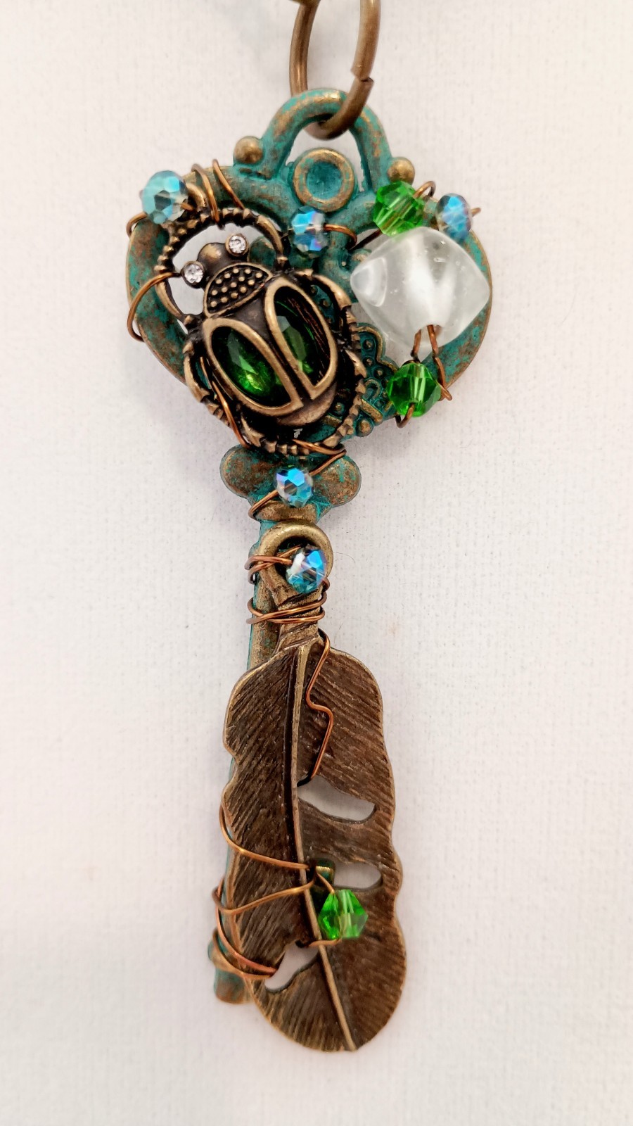 Key Wire Wrapped Pendant Handmade Long Chain Necklace Glass Beaded & Earrings