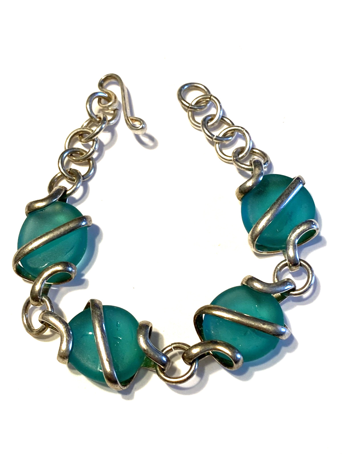 Bracelet Silver Tone Linked Wrapped Green Glass Hook Clasp