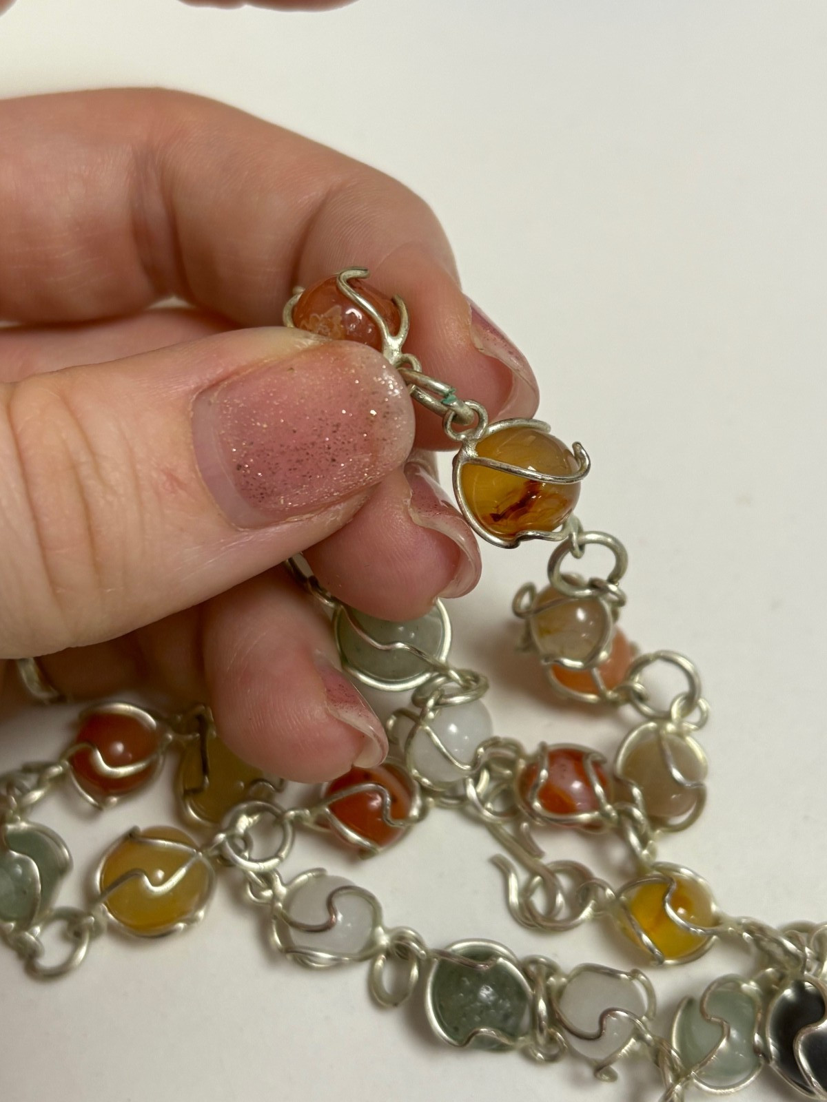 Mixed Colour Semi Precious Gemstone Silver Tone Wire Wrapped Necklace 52.5cm