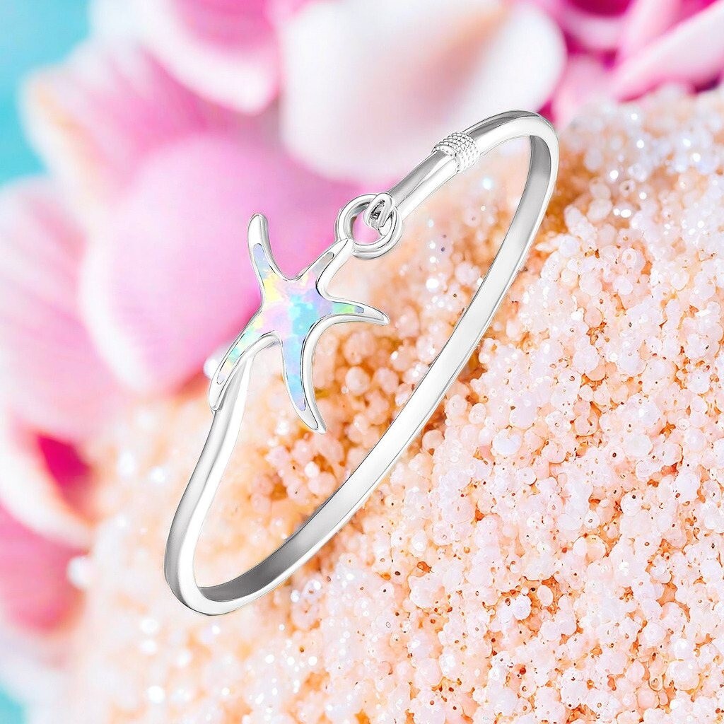 Hawaii White Opal Starfish Cuff Bangles 925 Sterling Sliver Jewelry For Women