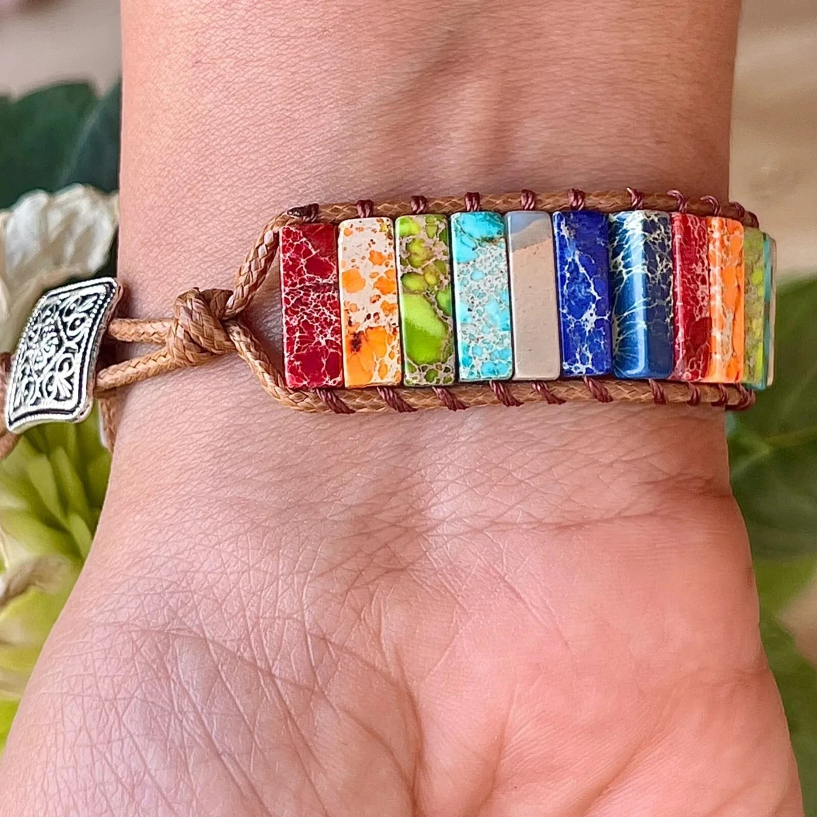 Rainbow Jasper 7 Chakra Crystal Bracelet Leather Healing Stone Bracelet Gift