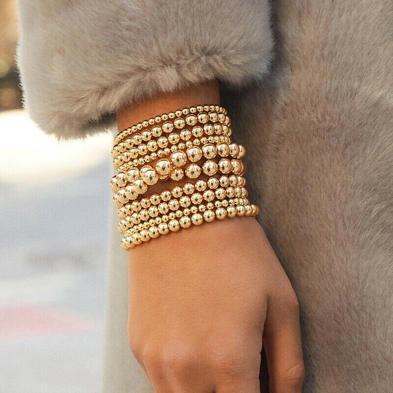 4mm 6mm 8mm Women Men 4mm 18k Gold Filled Bead Elastic Bracelet Beaded Bracelets