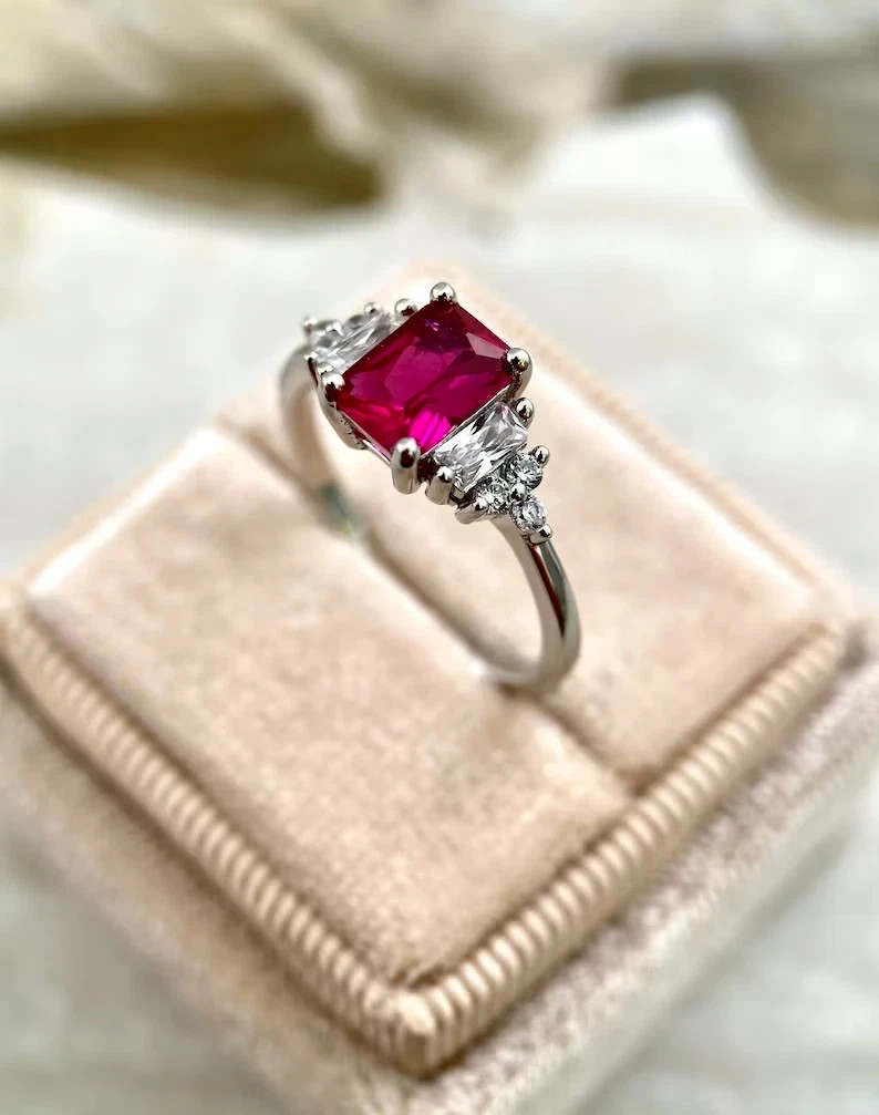 3.00 Ct Emerald Natural Ruby Diamond Engagement Ring 14K White Gold FN Size7