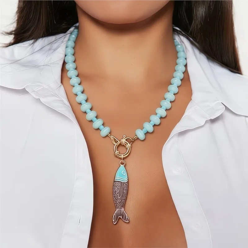 Bohemian Fish Necklace Women Colorful Resin Beaded Collarbone Vacation Jewelry