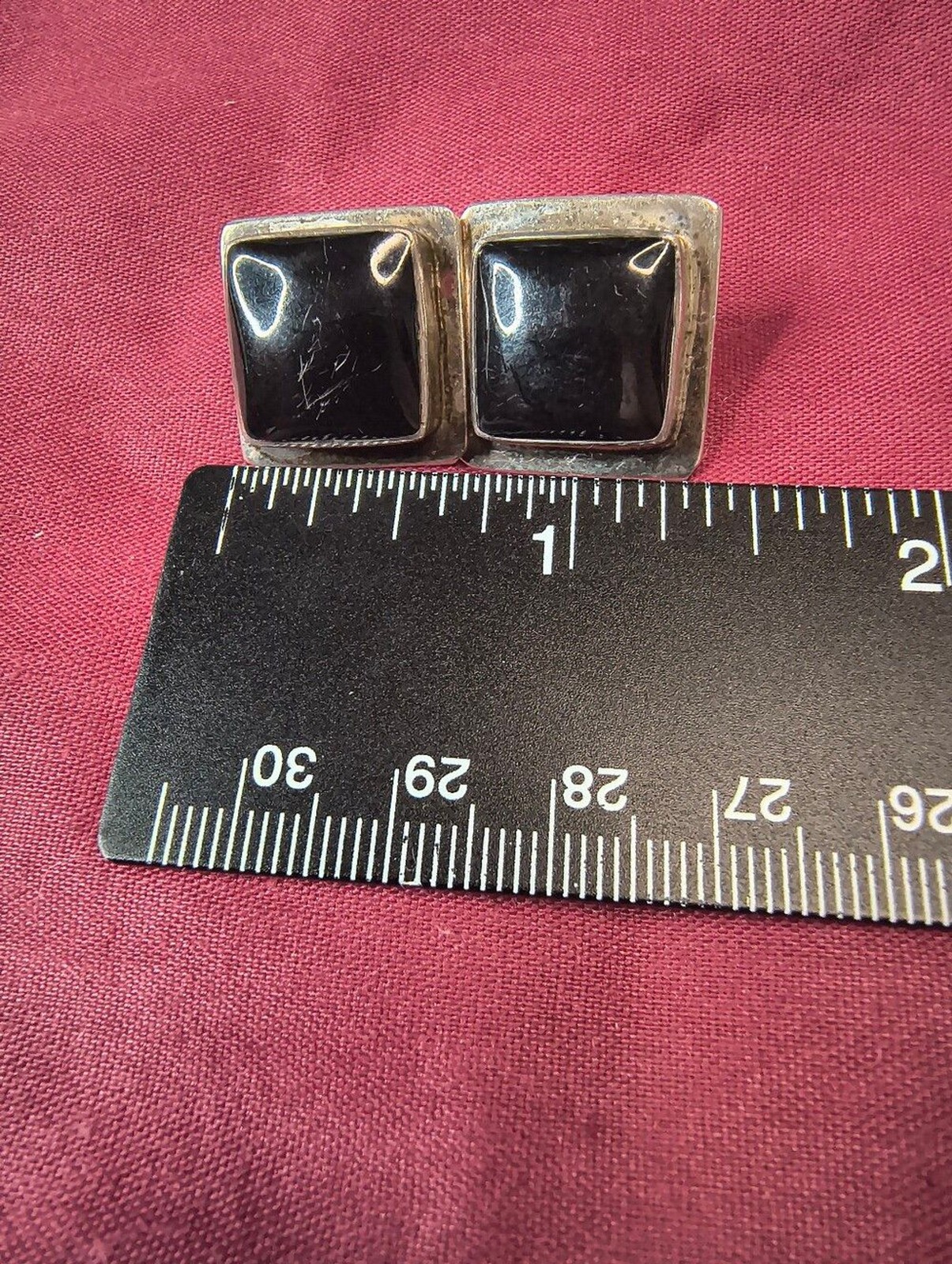Vintage Sterling Silver Black Onyx Square Stud Earrings Signed Artisan 16g