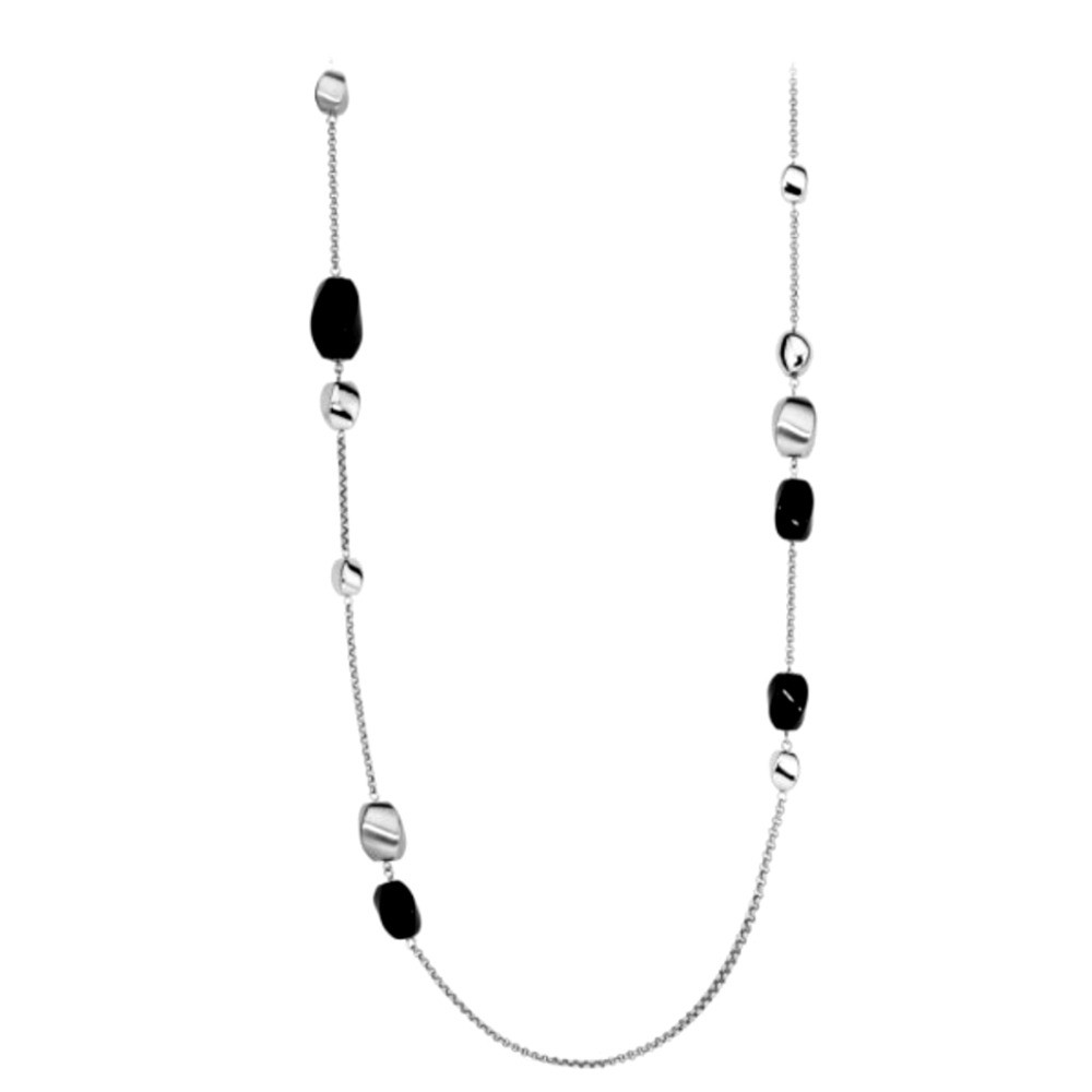 Fossil Two Tone 33 inch Opera Statement Necklace black beads Silvertone new nib