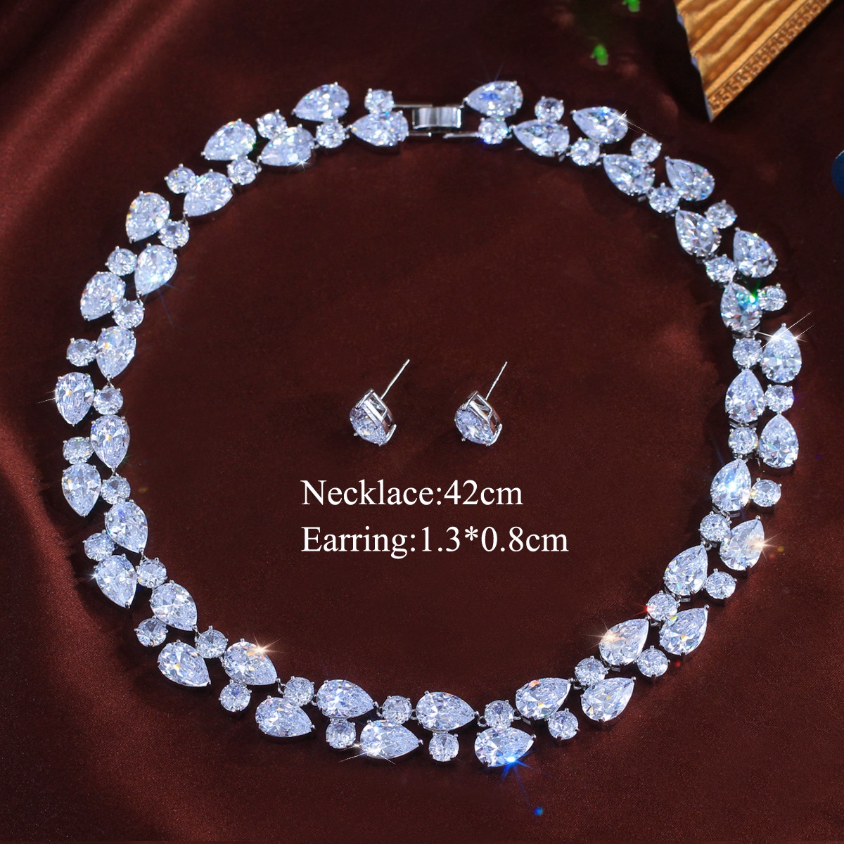 Water Drop Round Zircon Wide Necklace Earrings Silver Plated Wedding Jewelry Set