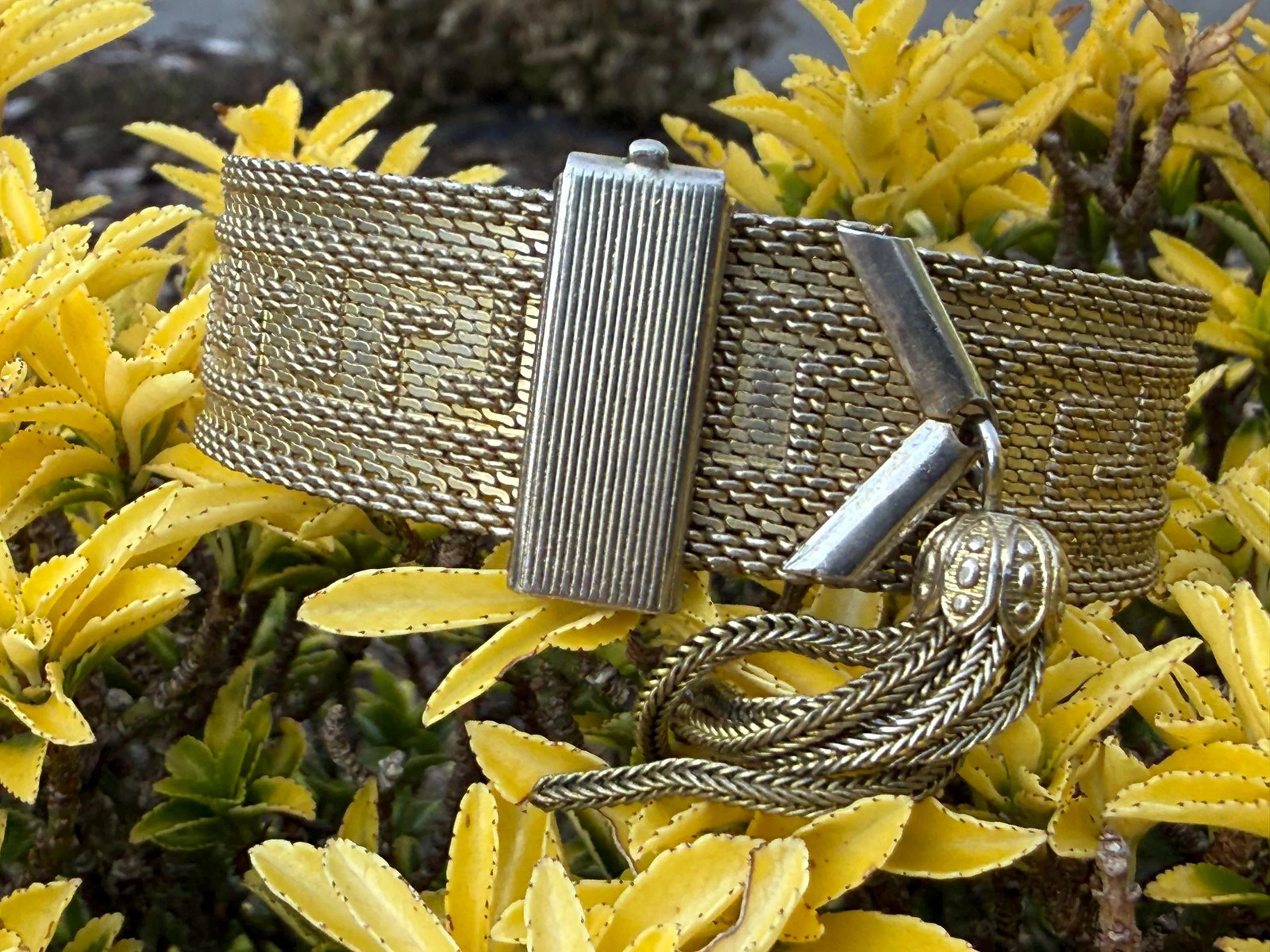 Vintage 1970s Greek Key Tassel Bracelet Cuff Gold Tone Adjustable Patterned