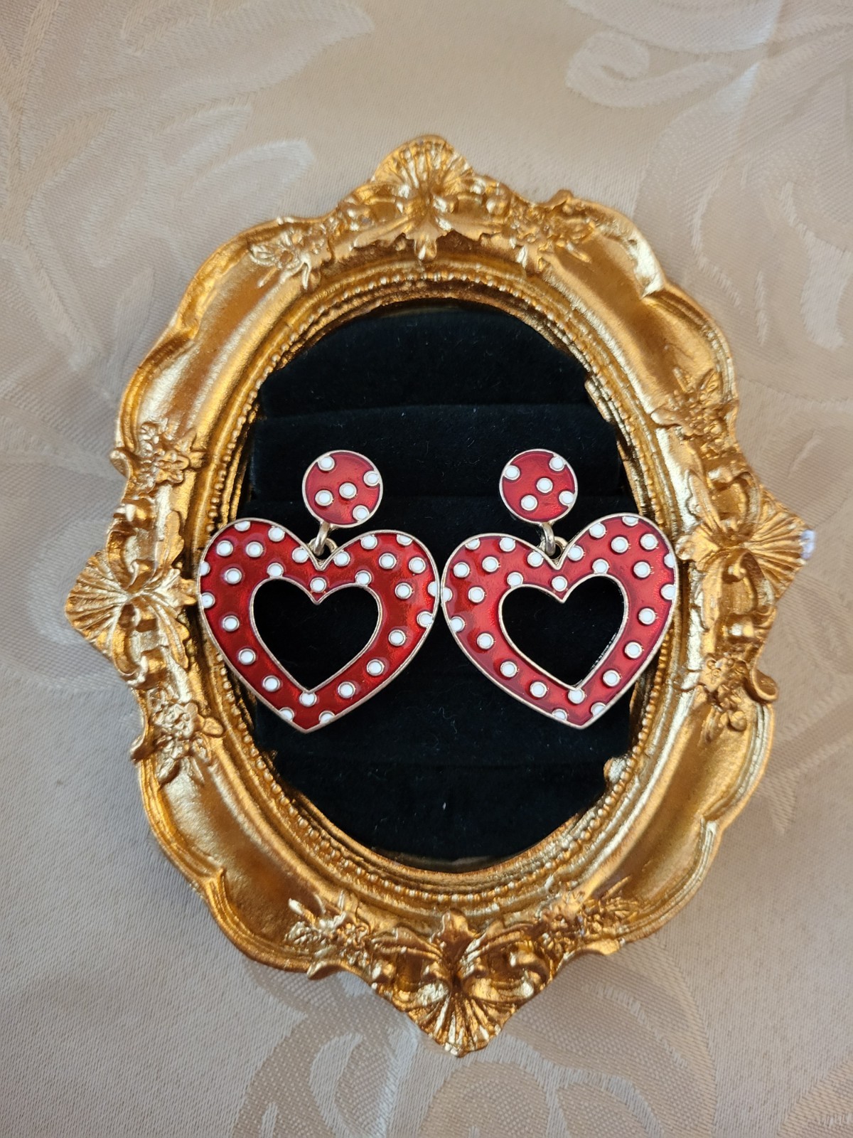 Adorable Red Enamel Polkadot Earrings, Post Earrings, Heart Shaped, New Backs