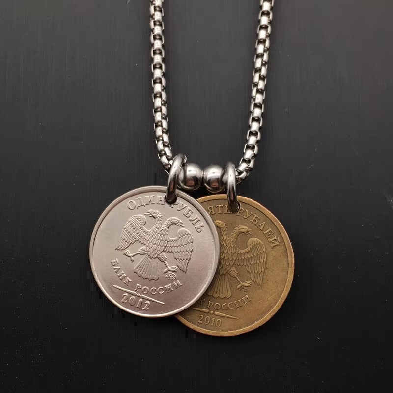 Russian Double headed Eagle Coin Pendant Vintage Coin Silver Necklace 23.6″