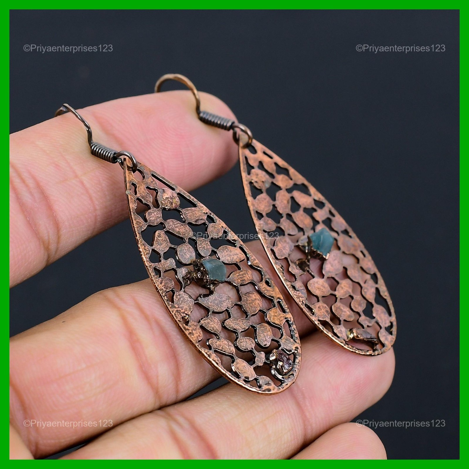 Pentagon Natural Chrome Diopside Copper Daughter New Electroformed Drop Earrings