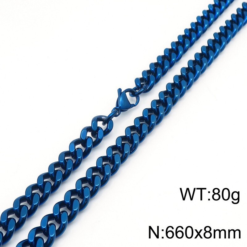 8mm/10mm 26inc Blue Stainless Steel Cuban Curb Link Chain Necklace For Men Women