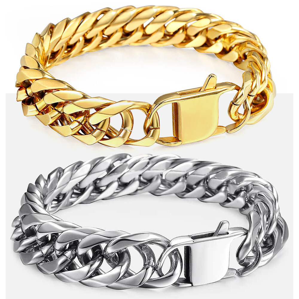 15mm 316L Stainless Steel Mens Chain Curb Cuban Link Bracelet Silver Gold Plated