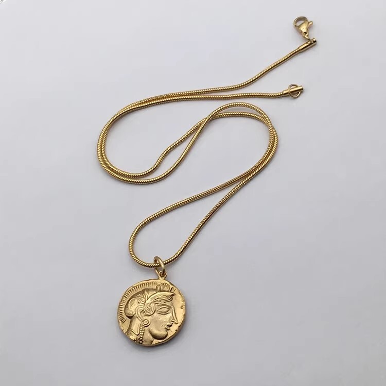 Wisdom Goddess / Owl Greece Replica coin Gold Pendant Necklace 20″