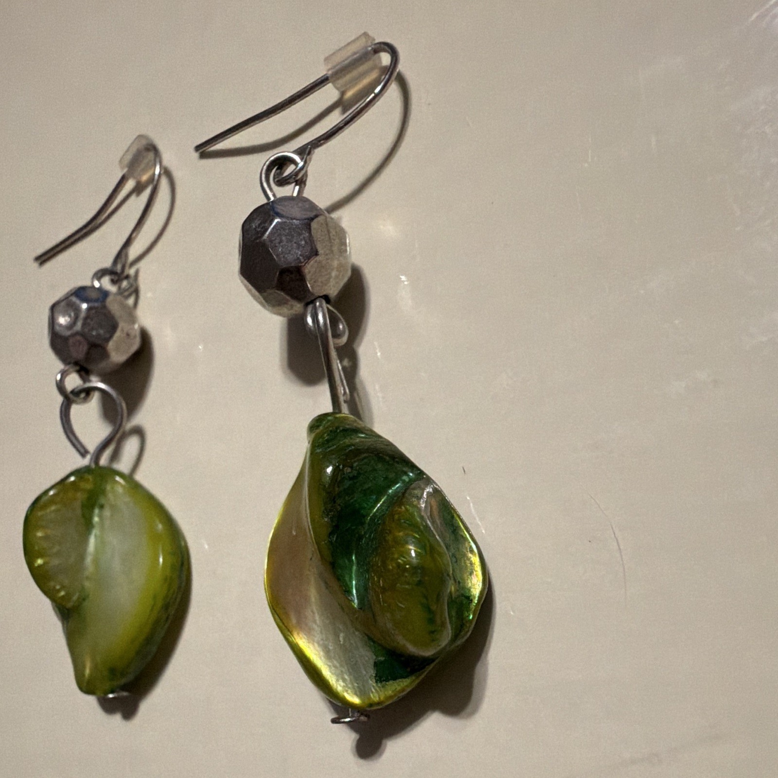 Green Shell Dangle Drop Earrings Hook Closure Silver-Tone Metal for Lobe