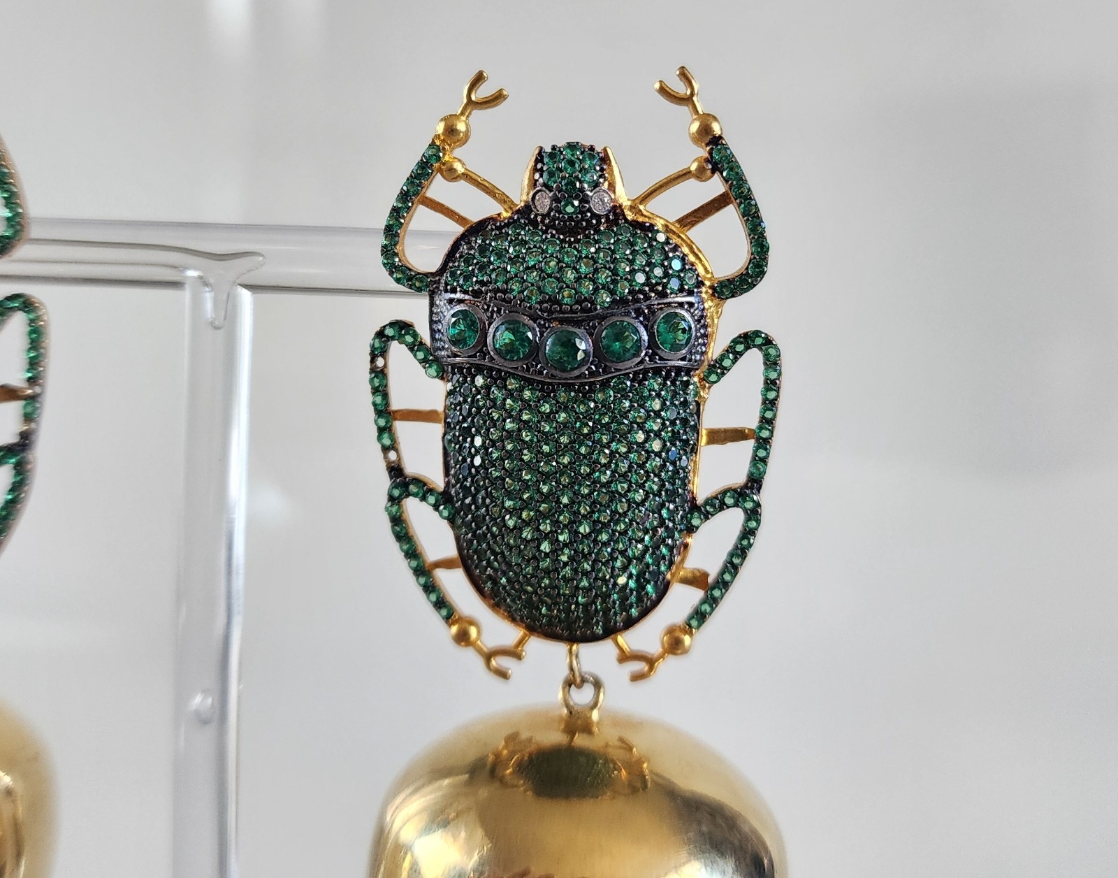 Oversized Beetle Earrings Gold Plated & Pave Simulated Emerald Begum Khan Style