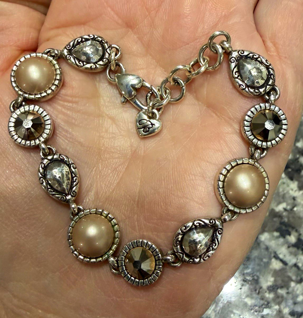 Brighton Romantic Retired Pearl Swarovski Crystal Link Bracelet Vintage Sz 7.5