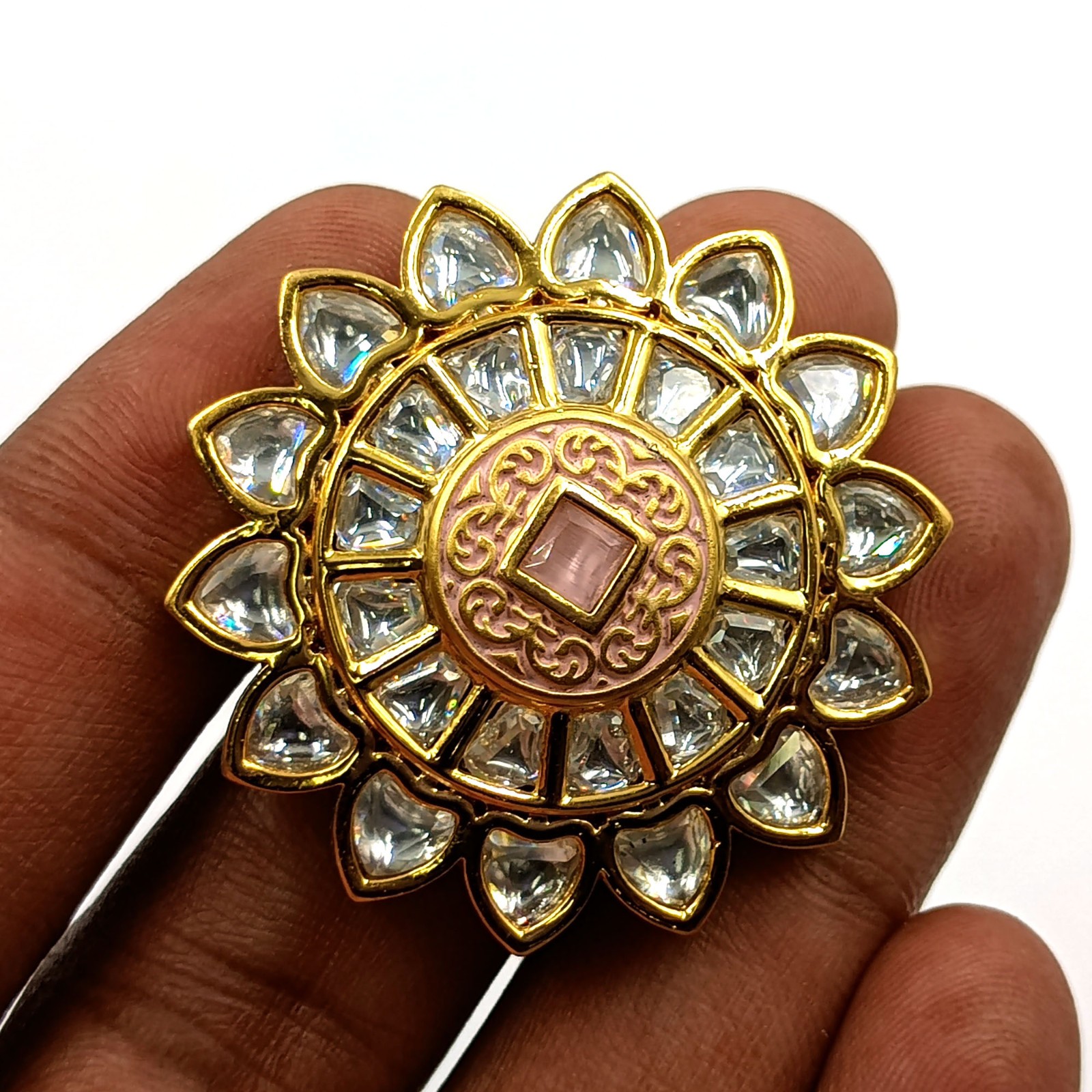 Kundan Polki CZ Ring 22k Gold Plated Adjustable Band Traditional Indian Jewelry