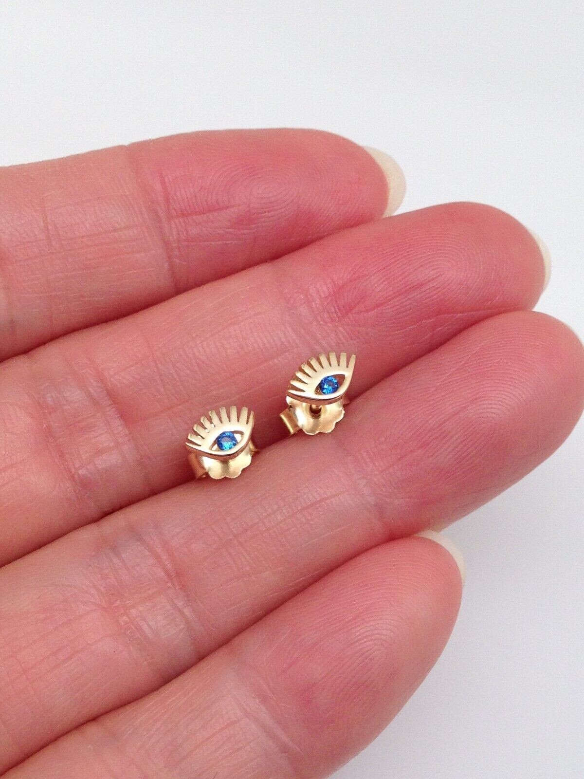 925 Sterling Silver Evil Eye Gold Stud Earrings Dainty Blue CZ Studs 5.5mm
